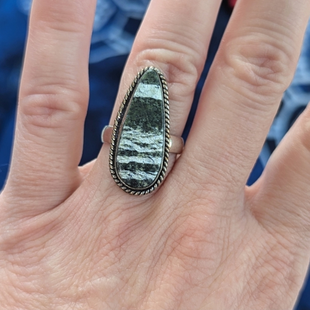 Size 7 Grey Oval Stone in Sterling Silver Overlay Band